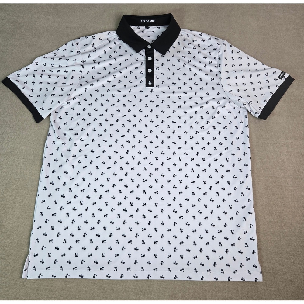 ByrdGang‎ Mens White Black Palm Tree Print Short Sleeve Golf Polo Shirt Large